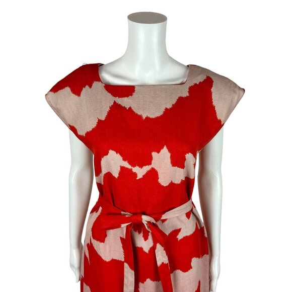 Vintage 80s Sheath Dress Women's Medium Red White Artistic Faux Linen - Picture 4 of 11
